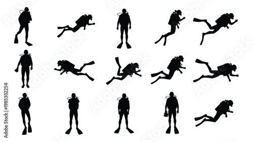 A collection of black silhouettes depicting scuba divers in various swimming and standing poses high quality