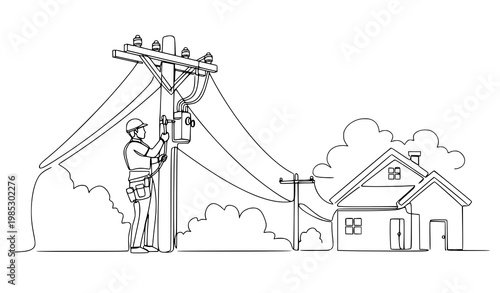 Continuous line drawing home repair and electrical maintenance worker vector illustration concept