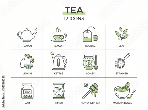 Complete set of twelve minimalist green line icons showcasing traditional matcha tea ceremony utensils and preparation essentials
