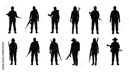 Silhouette collection depicting various armed individuals including soldiers and people with rifles high quality professional detailed