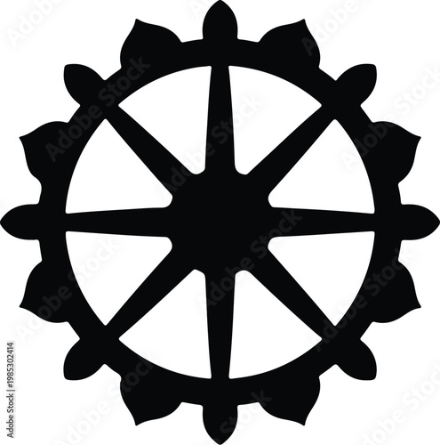 Silhouette of Buddhist Dharma Wheel symbol for spiritual meditation vector design