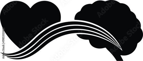 Silhouette of heart and brain connected by flowing lines vector design