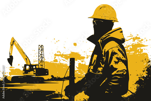 International Labour day ,Construction worker with excavator machinery silhouette and yellow grunge background, heavy equipment and site operations concept