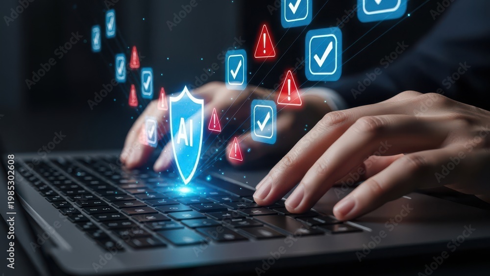 Obraz premium Ai security shield concept with human hands typing on laptop keyboard