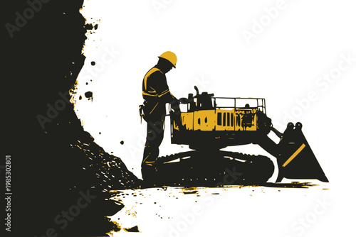 International Labour day ,Construction worker operating excavator silhouette with yellow grunge background, heavy equipment operator vector illustration on white