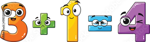 Cute math characters with numbers and symbols, playful cartoon illustration of 3 plus 1 equals 4, educational concept for kids learning arithmetic