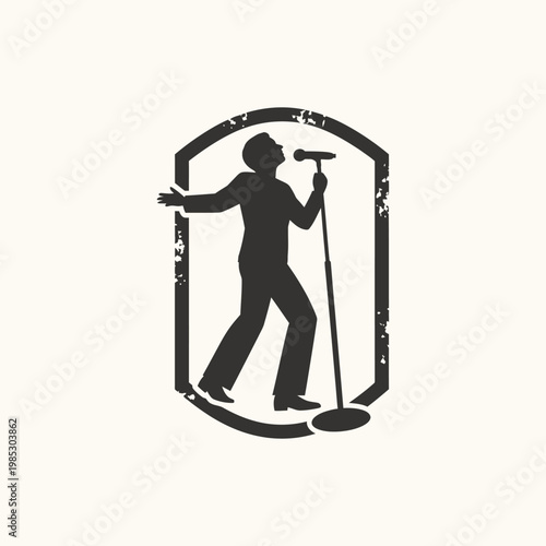 Singer Performing On Stage With Microphone Silhouette Inside A Shield Emblem