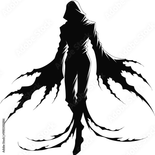 Mysterious hooded phantom silhouette vector, dark ghostly figure with tattered robes, sinister cloaked character for horror and fantasy designs