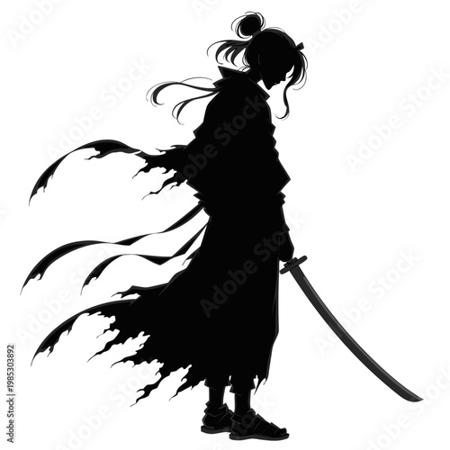 Japanese samurai silhouette vector, ronin warrior with katana sword, traditional ink wash style character, ancient eastern fighter in tattered robes