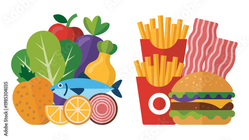 Healthy and Unhealthy Food Vector Set Vegetables, Fruits, Fish vs Burger, Bacon and Snacks