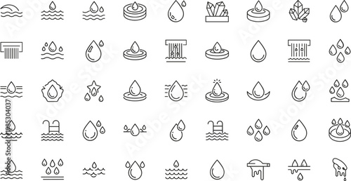 Water drop and liquid outline icon set featuring rain waves ripple plumbing hydration purity environment and fluid symbols