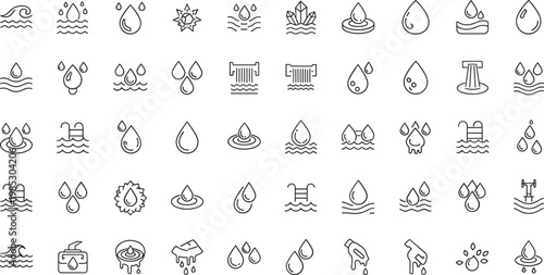 Water drop and liquid outline icon set featuring rain waves plumbing hydration purity environment and fluid symbols for web interface