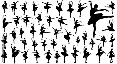 Silhouettes of multiple dancing ballet women.