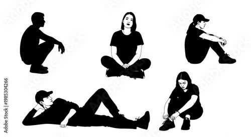 People in various sitting and lying poses.