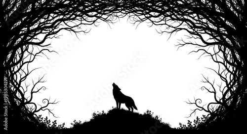Silhouette of a Lone Wolf Standing.