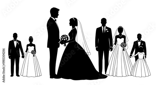 Wedding couples in formal attire standing.