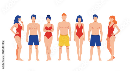 Group of people in swimwear standing.