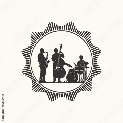 Vintage Style Jazz Trio Silhouette Badge with Saxophone Double Bass and Drums
