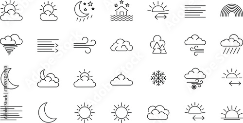 Weather forecast line icons set featuring sun cloud wind rain snow rainbow night climate meteorology symbols