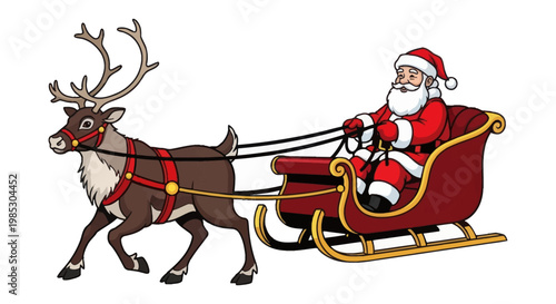 Santa Claus Riding Sleigh with Reindeer.
