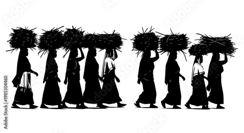 Silhouette of people carrying baskets.