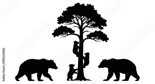 Silhouette of mother bear and cubs.