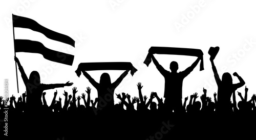 People cheering with flag and banners.