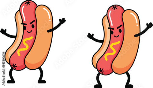 Funny hotdog cartoon characters dancing, cute fast food mascots with playful expressions, humorous snack illustration for branding, stickers, and fun design concepts