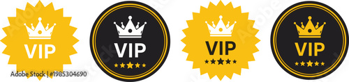 VIP badge icon set vector illustration with crown premium labels in gold and black styles for exclusive membership and branding design