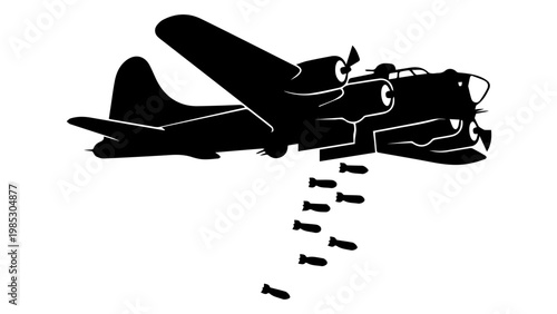 Black silhouette of bomber plane releasing bombs with heavy bomber airplane aircraft dropping silhouette military transport