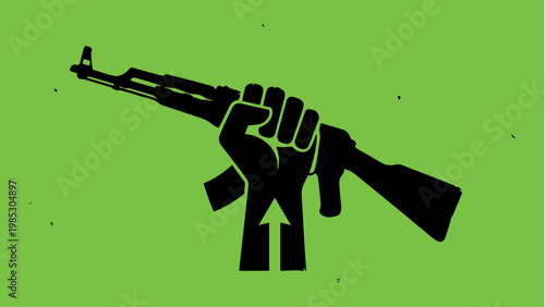 Fist holding assault rifle on green background with represents power and revolution silhouette resistance rebellion uprising