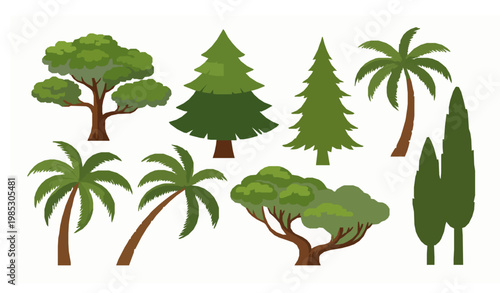 Decorative tree collection vector oak pine palm cypress landscape and map illustration set