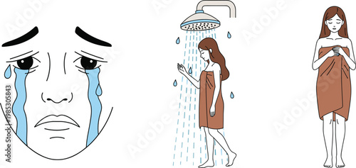 Sad woman crying face with shower scene and wrapped towel figure, emotional stress and self care concept vector illustration isolated