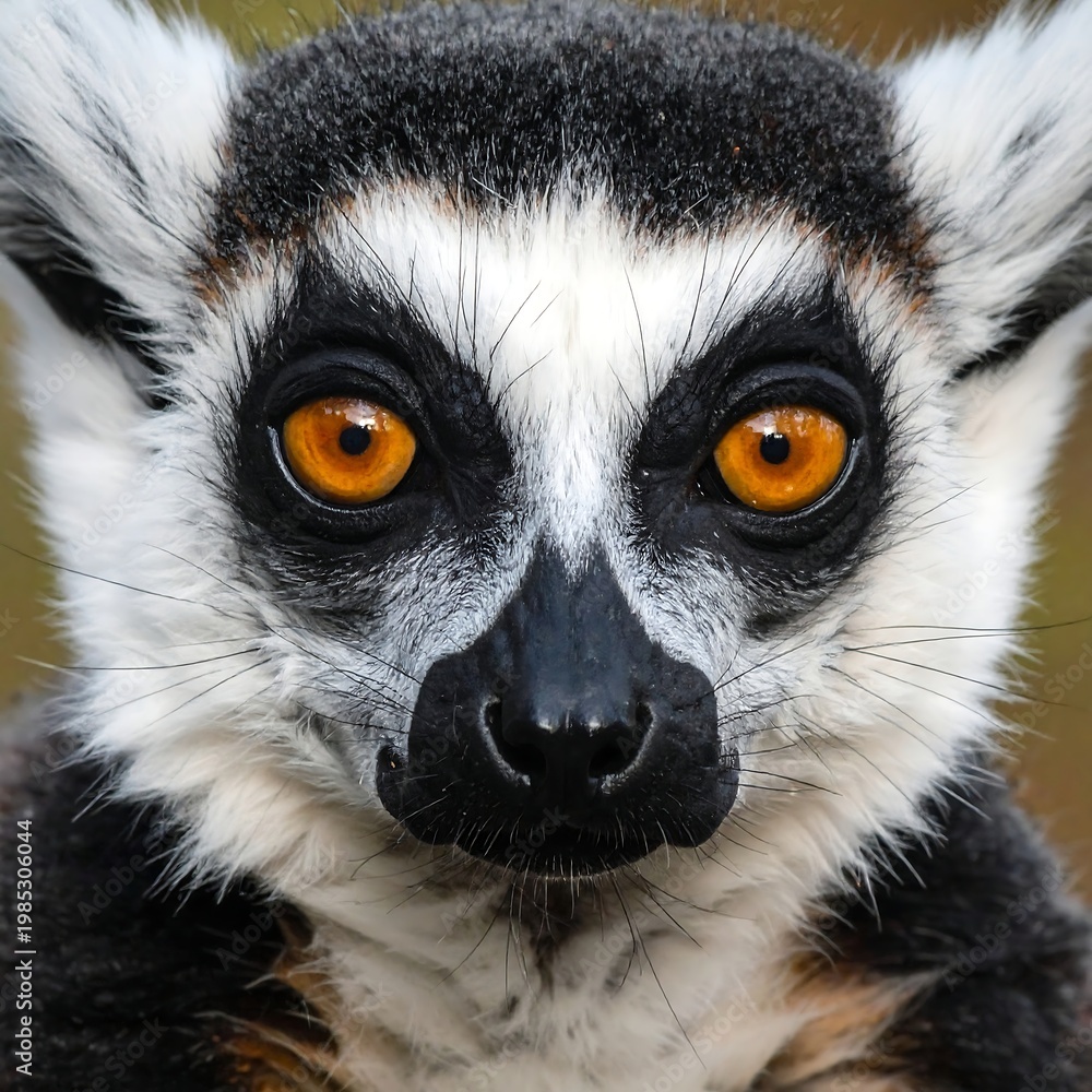 Obraz premium A close-up of a lemur's face with striking orange eyes