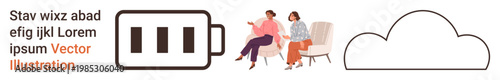 Energy management, collaboration, data storage, social interaction, teamwork, digital concepts. Battery icon, cloud outline two seated individuals talking. Energy management and collaboration ideas