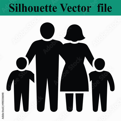 Black silhouette of family with two children standing together  vector graphic