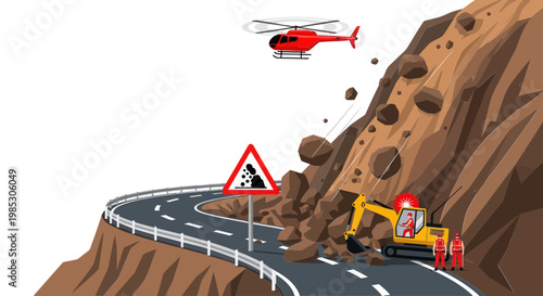 Landslide Rescue: Helicopter, Excavator, and Emergency Workers Respond to Mountain Road Disaster