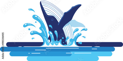 Stylized whale tail splash in ocean water, modern flat illustration of marine wildlife with dynamic waves and blue tones, aquatic nature concept design