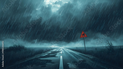 A dark stormy road with a warning sign ahead on a rainy night