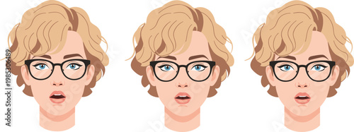 Set of female faces with glasses showing surprised expression, stylish woman character portraits, modern people avatar collection vector illustration isolated