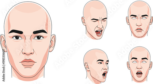 Set of male facial expressions showing emotions from different angles, realistic bald man character faces, human emotion study vector illustration isolated
