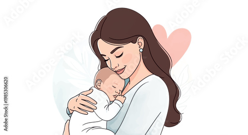 Mother holding baby, loving motherhood, cute illustration, heart background