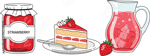 Strawberry jam jar, cake slice and fresh juice pitcher with berries, dessert and beverage collection, sweet food vector illustration isolated