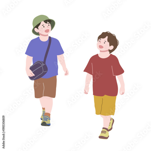 空を見上げて歩いている二人の少年　フラットイラスト