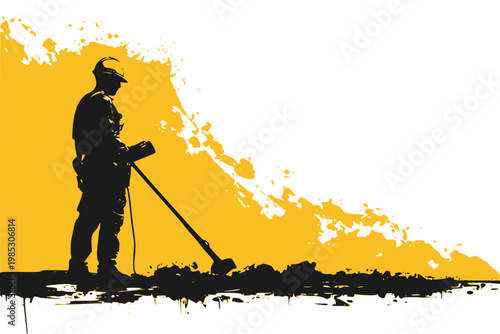 International Labour day ,Construction worker using metal detector silhouette with yellow grunge landscape background, field survey and ground scanning concept