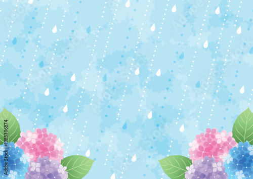Foto 梅雨背景、横、かわいい、あじさい、雨