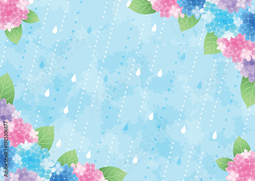 Bild auf Leinwand 梅雨背景、横、かわいい、あじさい、雨、対角囲み