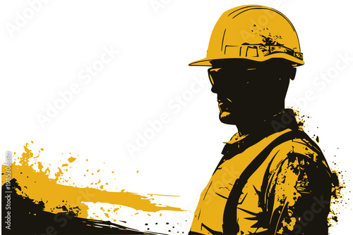 International Labour day ,Close-up construction worker portrait silhouette with hard hat and yellow paint streak background, industrial labor identity concept
