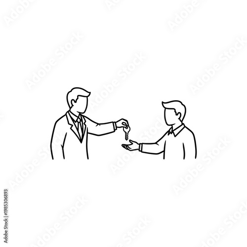 A businessman handing over a key to another man in a simple line drawing