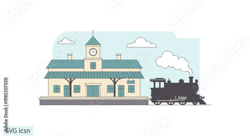 Vintage Train Station Building with Steam Locomotive and Clouds
